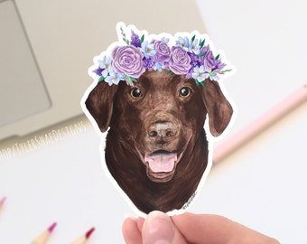 Chocolate lab sticker, Labrador dog with a flower crown Vinyl sticker, cute stickers, laptop stickers, decals, bumper sticker. dog stickers