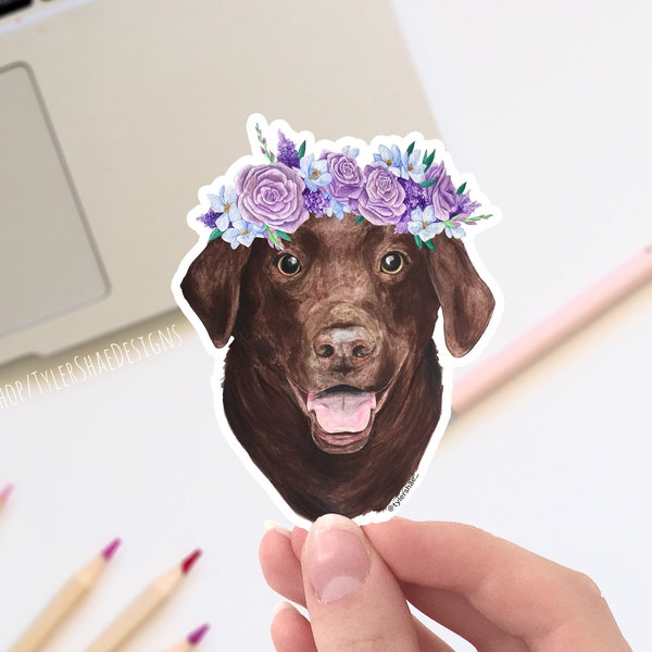 Chocolate lab sticker, Labrador dog with a flower crown Vinyl sticker, cute stickers, laptop stickers, decals, bumper sticker. dog stickers