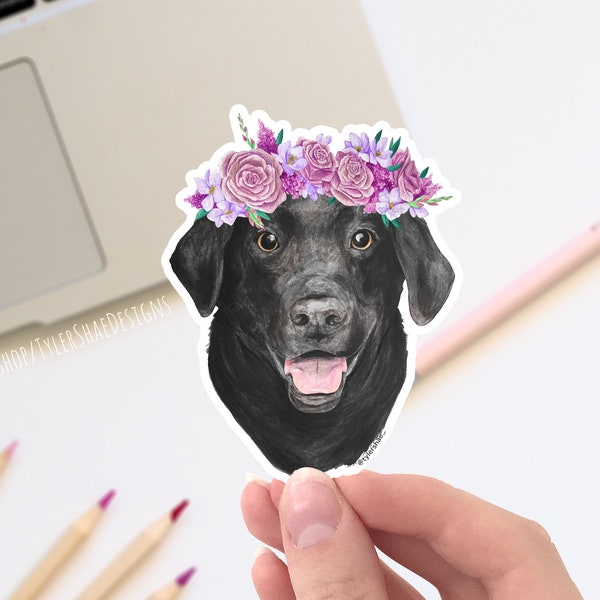 Black Lab sticker, Labrador dog with a flower crown Vinyl sticker, cute stickers, laptop stickers, decals, bumper sticker. dog stickers