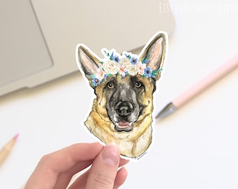 German shepherd with flower crown vinyl sticker, cute stickers, laptop stickers, decals, bumper sticker. dog stickers, cute floral sticker