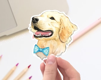golden retriever with bow tie vinyl sticker, cute stickers, laptop stickers, decals, bumper sticker. dog stickers, cute animal sticker
