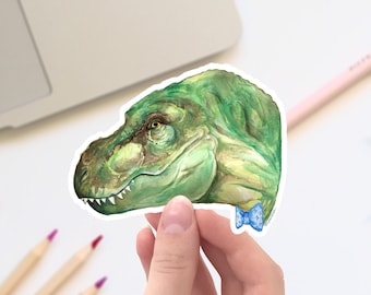 Funny Dinosaur sticker T-Rex with a flower crown Vinyl Sticker, laptop decals |cute gift, nerd dino, Tyrannosaurus bumper sticker, bow tie