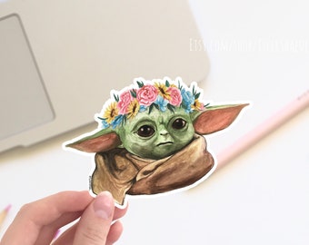 Vinylsticker Alien met bloemenkroon, The Child-bumperstickers en laptopstickers / schattig laptopcadeau, ruimtesticker, nerdstickers