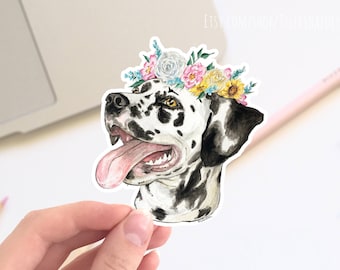 Dalmatian dog with flower crown vinyl sticker, cute stickers, laptop stickers, decals, bumper sticker. dog stickers, cute floral sticker