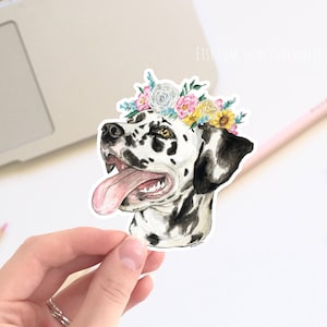 Dalmatian dog with flower crown vinyl sticker, cute stickers, laptop stickers, decals, bumper sticker. dog stickers, cute floral sticker