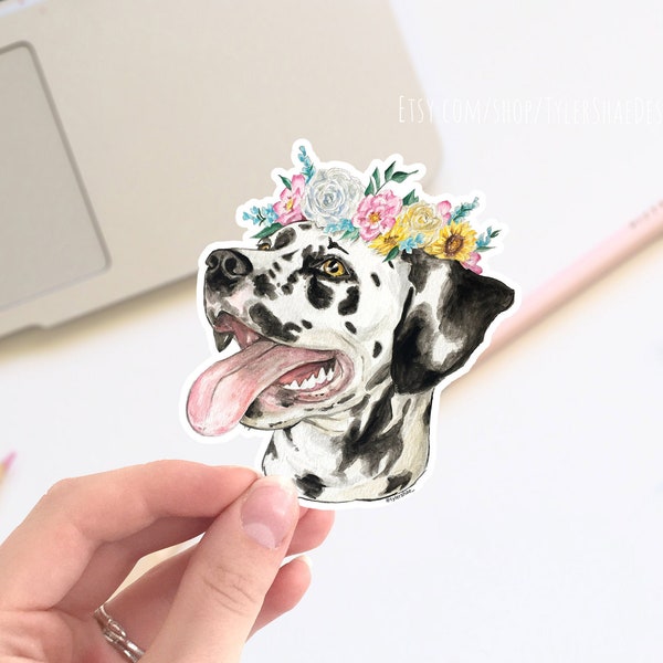 Dalmatian dog with flower crown vinyl sticker, cute stickers, laptop stickers, decals, bumper sticker. dog stickers, cute floral sticker