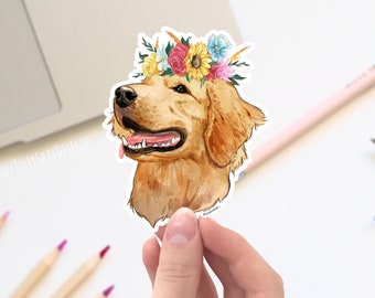 Red golden retriever with flower crown vinyl sticker, cute stickers, laptop stickers, bumper sticker. dog stickers, cute animal decal