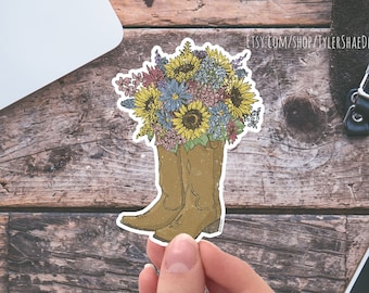 Cowgirl / cowboy boot bouquet vinyl sticker, cute, flower stickers, laptop stickers, decals, bumper sticker, cowgirl, sunflower & wildflower