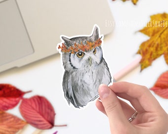 Barn Owl with flower crown vinyl sticker, cute stickers, laptop stickers, decals, bumper sticker. owl stickers, cute floral sticker