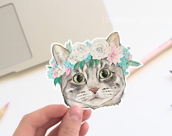 Grey Cat flower crown vinyl STICKER, Watercolor floral cat sticker, cute stickers, laptop stickers, cute floral sticker, cat sticker