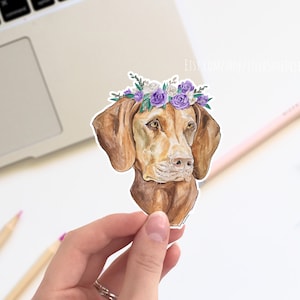 Vizsla with flower crown vinyl sticker, cute stickers, laptop stickers, decals, bumper sticker. dog stickers, cute floral sticker