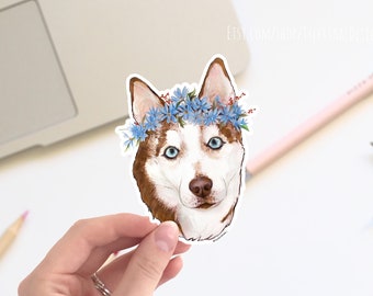 Red Husky sticker, husky dog with a flower crown Vinyl sticker, cute stickers, laptop stickers, decals, bumper sticker. dog stickers