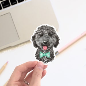 Golden Doodle with bow tie vinyl sticker, doodle stickers, laptop stickers, decals, bumper sticker. dog stickers, cute poodle sticker image 1