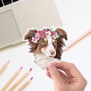 Australian Shepherd with flower crown vinyl sticker, cute stickers, laptop stickers, decals. dog stickers, cute floral sticker