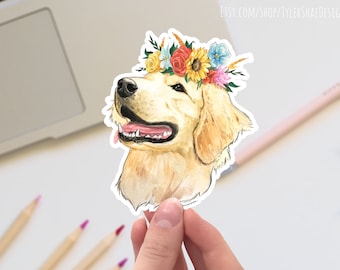 Golden retriever with flower crown vinyl sticker, cute stickers, laptop stickers, decals, bumper sticker. dog stickers, cute floral (matte)