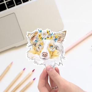 Australian Shepherd with flower crown vinyl sticker, cute stickers, laptop stickers, decals. dog stickers, cute floral sticker