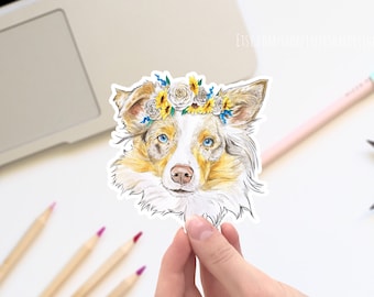 Australian Shepherd with flower crown vinyl sticker, cute stickers, laptop stickers, decals. dog stickers, cute floral sticker
