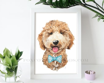 Watercolor Golden Doodle Print, Printable bow tie dog, nursery animal painting, Downloadable wall art, home decor, cute animal print, baby