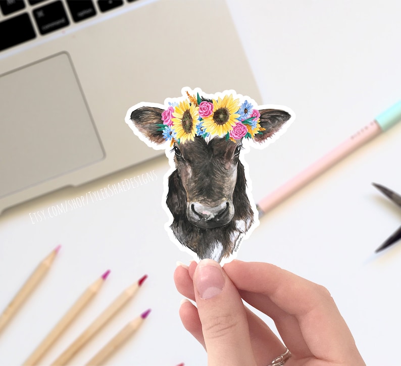 Watercolor Cow with flower crown vinyl STICKER, cute laptop sticker, decals, bumper sticker, Cute animal sticker, Easter gift, farm animals image 1