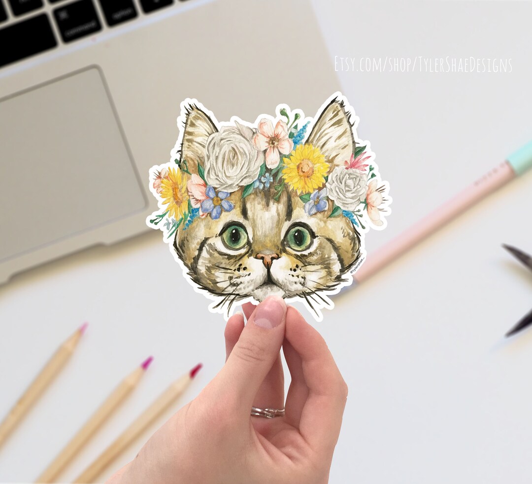 Tabby Cat Flower Crown Vinyl STICKER, Watercolor Floral Cat Sticker