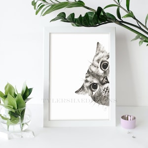 Watercolor Peeking Cat Print, Printable funny cat, nursery animal painting, Tabby, Downloadable wall art, home decor, cute kittens, meme