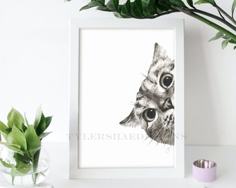 Acuarela Peeking Cat Print, Gato divertido imprimible, pintura de animales de vivero, Tabby, Arte de pared descargable, decoración del hogar, gatitos lindos, meme