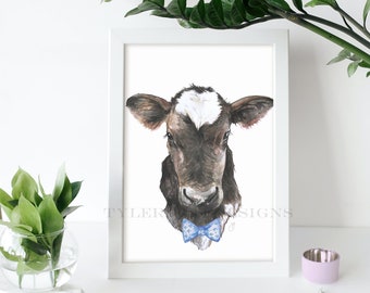 Watercolor Cow bowtie Print, Printable cow art, nursery animal painting, Farm animal print, kids room Downloadable wall art, cute home decor