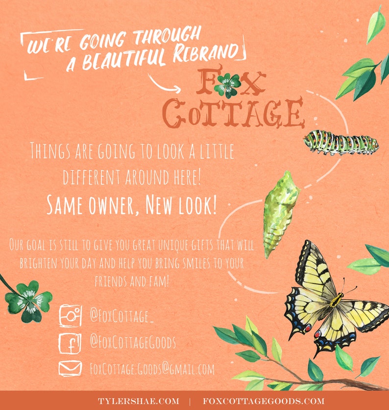 K&ouml;nnte beinhalten: Ein pfirsichfarbener Hintergrund mit dem Text "We're going through a beautiful rebrand" und "Fox Cottage". Der Text ist in einer handschriftlichen Schrift. Das Bild zeigt auch einen Schmetterling, eine Raupe und eine Puppe. Der Text "Things are going to look a little different around here! Same owner, new look!" ist ebenfalls enthalten. Das Bild enth&auml;lt Social-Media-Handles und eine E-Mail-Adresse f&uuml;r Fox Cottage.