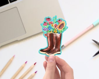 Rain boots bouquet vinyl sticker, cute, flower stickers, laptop stickers, decals, bumper sticker, Xtratuf, Alaska, wildflower painting