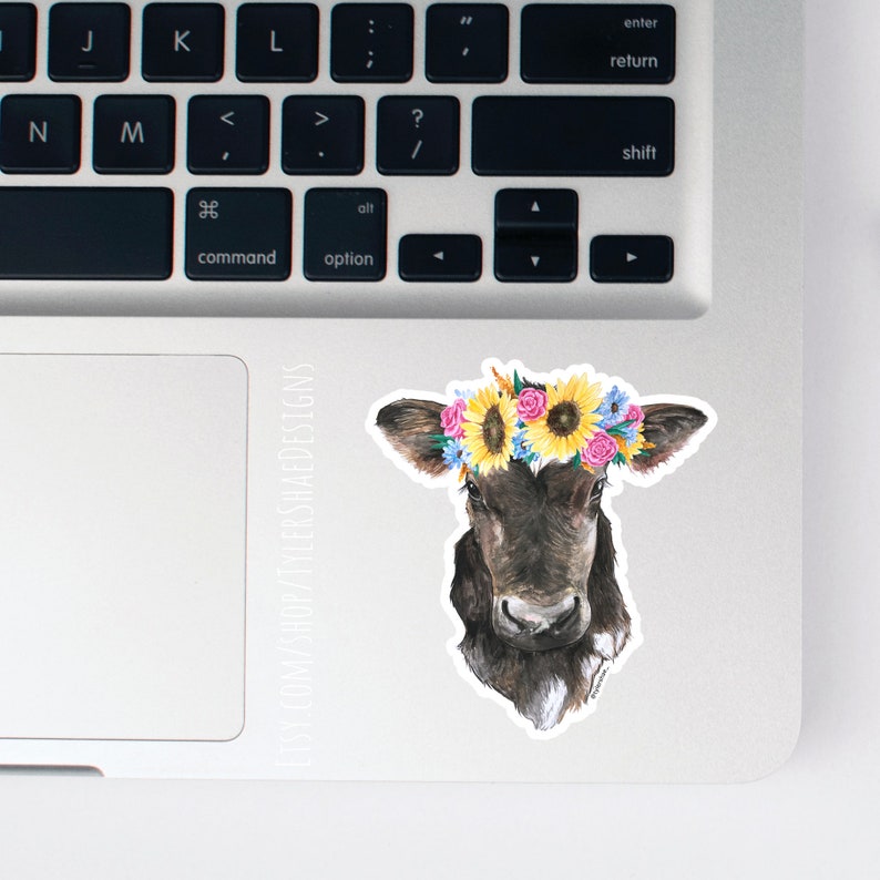 Watercolor Cow with flower crown vinyl STICKER, cute laptop sticker, decals, bumper sticker, Cute animal sticker, Easter gift, farm animals image 2