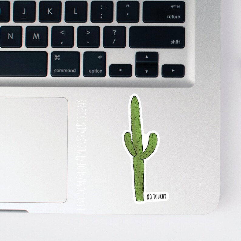 May include: A green cactus sticker with the text "NO TOUCHY" on a silver laptop.