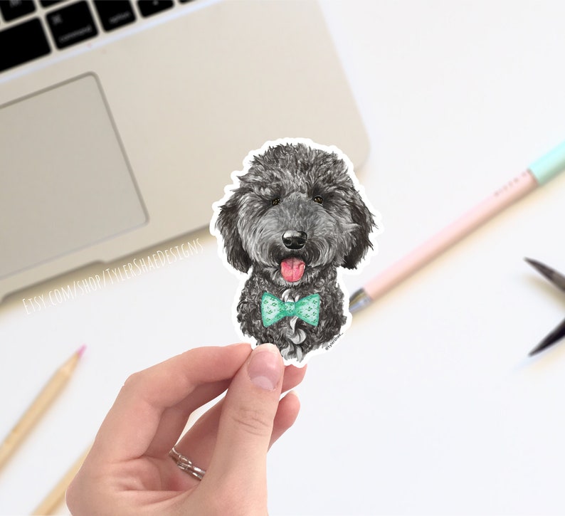 Golden Doodle with bow tie vinyl sticker, doodle stickers, laptop stickers, decals, bumper sticker. dog stickers, cute poodle sticker image 1