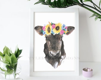 Watercolor flowercrown Cow Print, Printable cow art, nursery animal painting, Farm animal print, kids room Downloadable wall art, cute decor