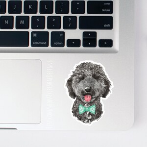 Golden Doodle with bow tie vinyl sticker, doodle stickers, laptop stickers, decals, bumper sticker. dog stickers, cute poodle sticker image 2