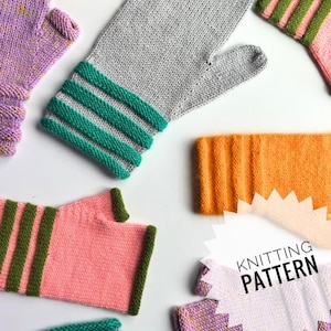 Peut inclure: Une collection de moufles et de mitaines tricotées dans diverses couleurs, notamment orange, gris, rose et violet, avec des motifs rayés et mouchetés. Un graphique en forme d'étoile blanche avec le texte KNITTING PATTERN est superposé.