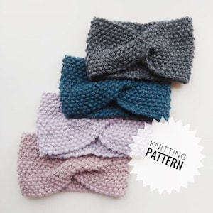 May include: Four knitted headbands in shades of gray, teal, lavender, and pink are stacked on a white surface. Each headband features a twisted knot design. A white starburst graphic with the words "KNITTING PATTERN" is in the lower right corner.