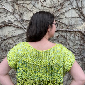 Puede incluir: Un top corto de punto de manga corta, de color amarillo, verde y negro, con un corte holgado.