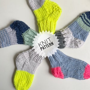 May include: Five colourful knitted socks with different striped patterns. The socks are arranged in a star shape with the words "Knit Pattern" in the centre.