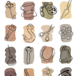 May include: A collection of hand-drawn illustrations of vintage tools and hardware. The image includes a key, iron, padlock, trowel, bolt, hook, scissors, valve, oil can, wrench, horseshoe, bell, gear, key, and jack.