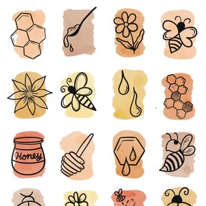 Può includere: Un set di 16 illustrazioni ad acquerello con motivi a tema ape. Le illustrazioni includono favi, api, fiori, barattoli di miele e mestoli per il miele. Le illustrazioni sono in bianco e nero e sono su uno sfondo ad acquerello.