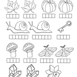 Puede incluir: Ilustración en blanco y negro titulada "Goblincore Copic Study" que presenta varios elementos naturales. Incluye hojas, calabazas, caracoles, una llave, setas, polillas, cristales y una flor, cada uno con casillas en blanco debajo.
