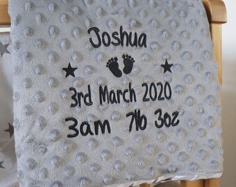 Personalised Baby Blanket Luxury Rosebud Style Blue Round Font Name Date Weight Time Print Personalised Baby Blanket Luxury Rosebud Style Blue Round Font Name Date Weight Time Print