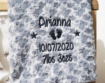 Personalised Baby Blanket Luxury Rosebud Style Blue Round Font Name Date Weight Time Print Personalised Baby Blanket Luxury Rosebud Style Blue Round Font Name Date Weight Time Print