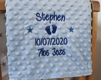 Personalised Baby Blanket Luxury Bubble Style Blue Round Font Name Date Weight Print
