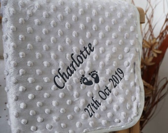 Personalised Baby Blanket Luxury Bubble Style Grey Script Font Name Date Print