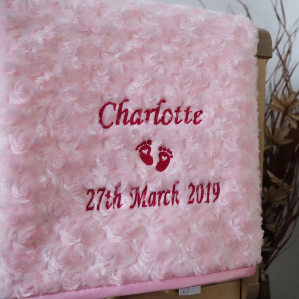 Personalised Baby Blanket Luxury Rosebud Style Pink Script Font Name Date Print