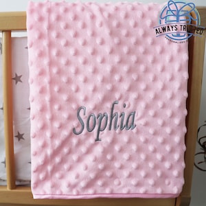 Gepersonaliseerde baby deken luxe roze bubble stijl grijs script lettertype naam print