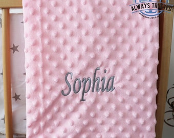 Personalised Baby Blanket Luxury Pink Bubble Style Grey Script Font Name Print