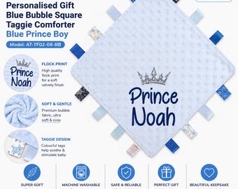 May include: A square light blue bubble fabric comforter featuring a silver crown graphic and the text Prince Noah in dark blue. The item has multiple colorful ribbon tags around the edges and measures approximately 35 x 35 cm as indicated.