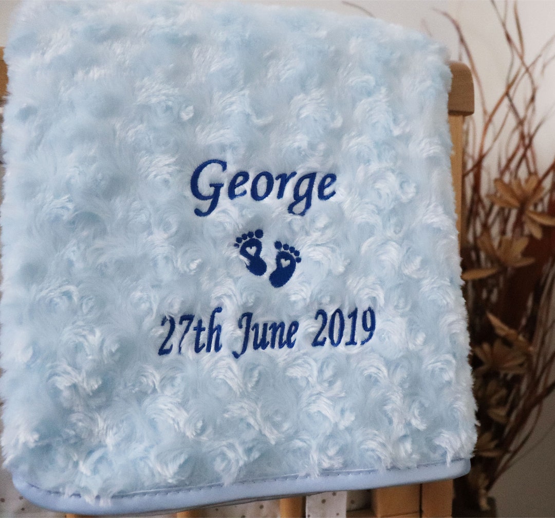 Personalised Baby Blanket Luxury Rosebud Style Blue Script Font Name